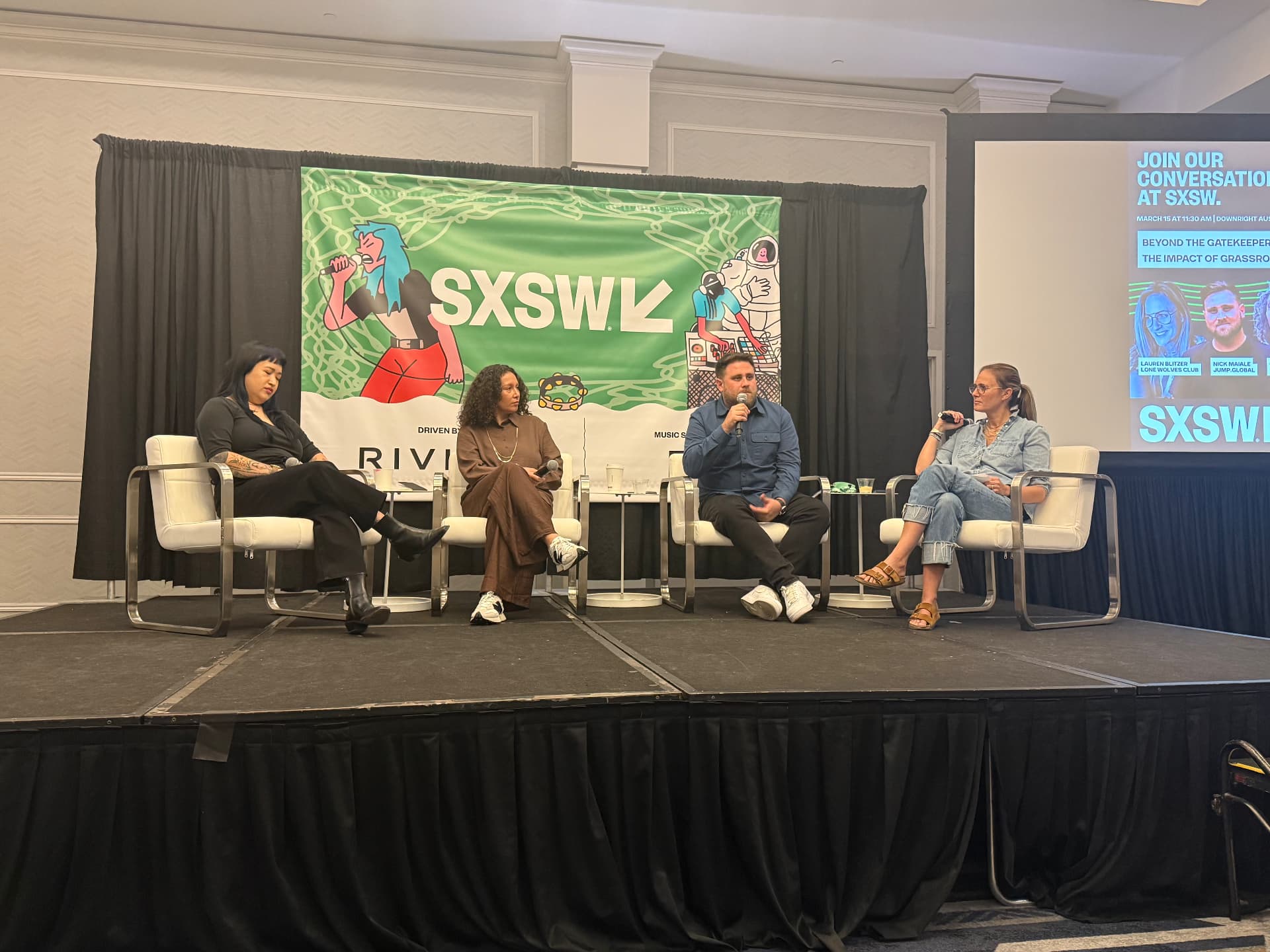 SXSW panel Beyond the Gatekeepers with four panelists on stage, Lauren Blitzer on the far right